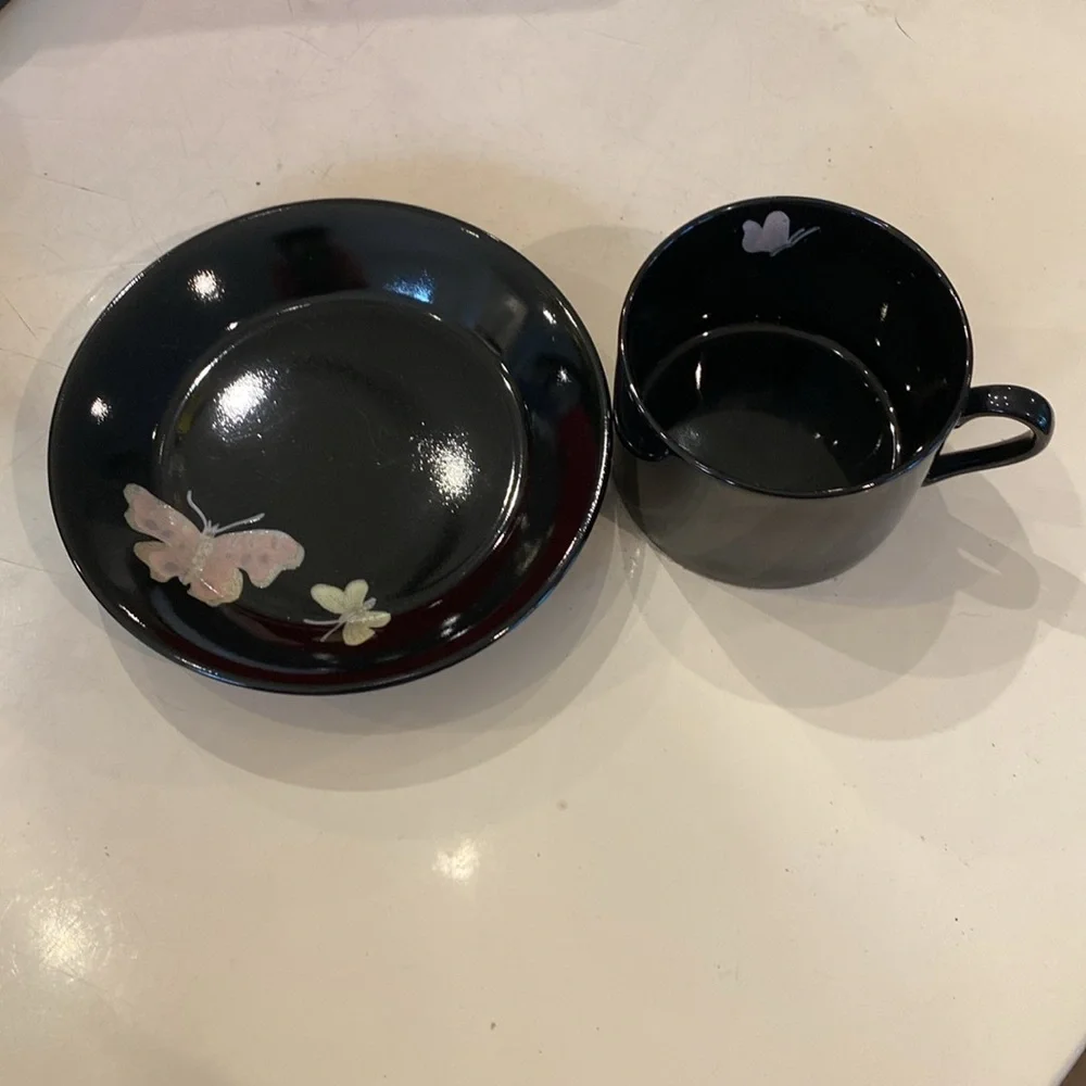 Fitz & Floyd Midnight Poppy Cup‎ & Saucer w/Butterflies. Light Pink/Yellow.